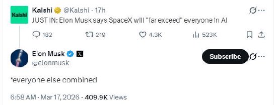 马斯克称SpaceX在人工智能领域将超过所有其他公司总和