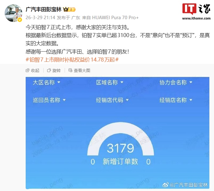 广汽丰田铂智 7 轿车真实大定数据超 3100 台,限时补贴权益价 14.78 万元起