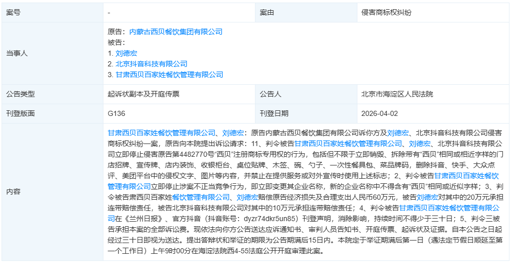 西贝起诉西贝百家姓索赔60万元，要求变更其企业名称，新的名称中不得含有“西贝”相同或近似字样